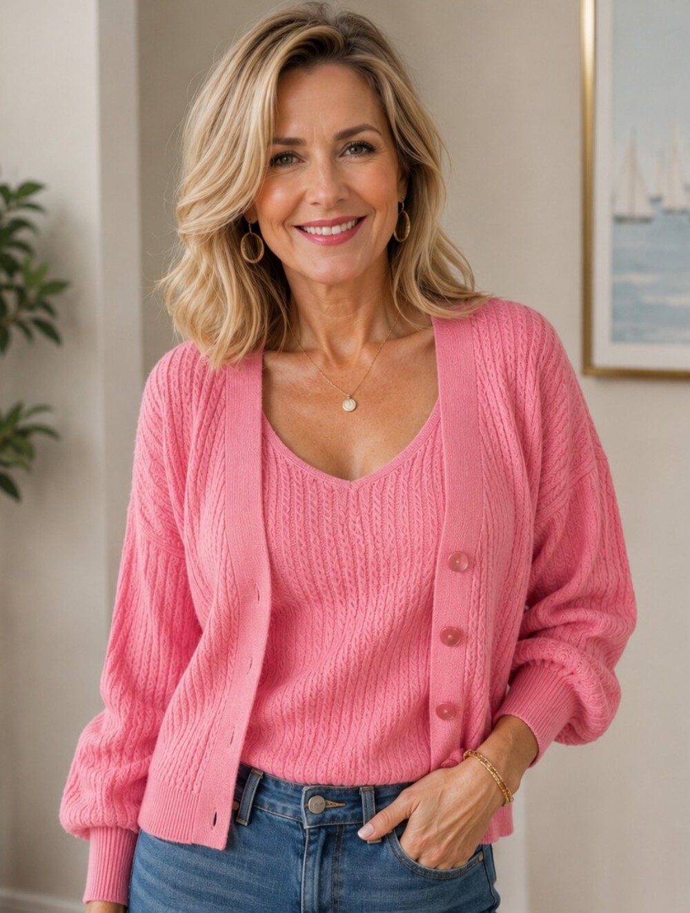 Venus Cable Knit Coral Orange Twinset, Tank Top & Cardigan, XS